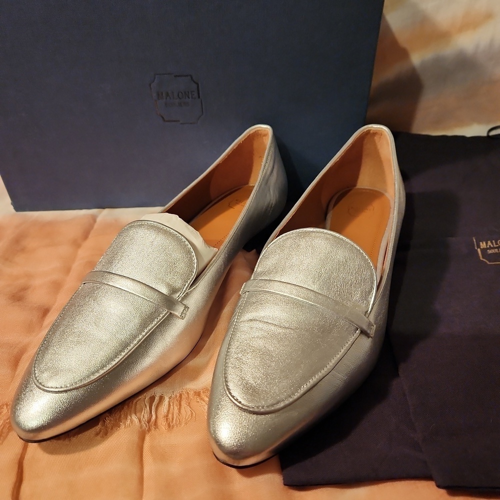 Malone Souliers Bruni Metallic Silver Flats Size 40